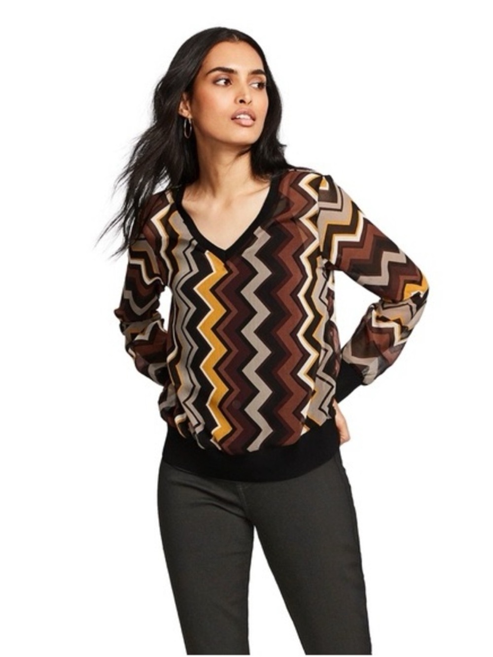 Missoni for Target V Neck Zigzag Earth Tone Semi Sheer Blouse